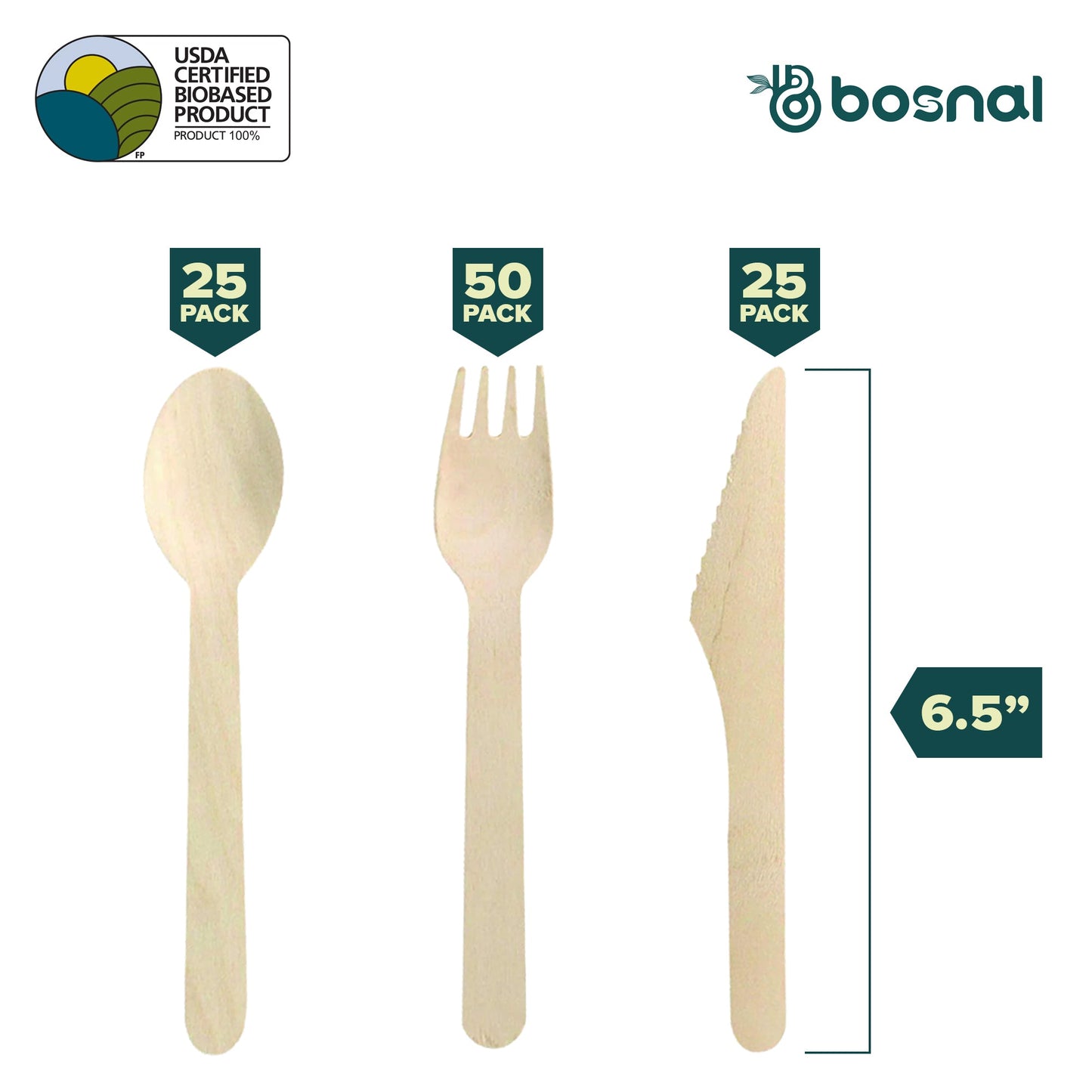 Bosnal – Wooden Disposable Cutlery Set, 6.5 inch, 100 Pcs - Dreamy Home Needs